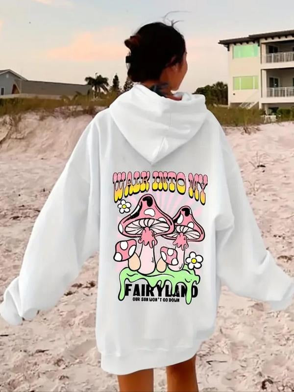 Women'WB shield Mushroom & Letter Print Drawstring Pocket Hoodie, Fashion Casual Hooded Sweatshirt for Daily Holiday Outdoor Wear, Women Clothing for Fall & Winter
