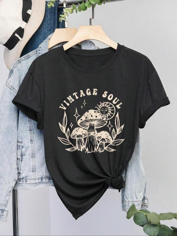 Women'WB shield Mushroom & Letter Print Round Neck Tee, Vintage Trendy Casual Short Sleeve T-shirt for Daily Wear, Ladies...