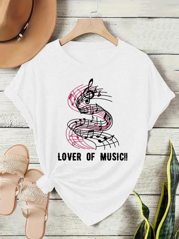 Women'WB shield Music Note Print Round Neck Tee, Casual Short Sleeve Crew Neck T-Shirt for Summer, Fashion Women'WB...