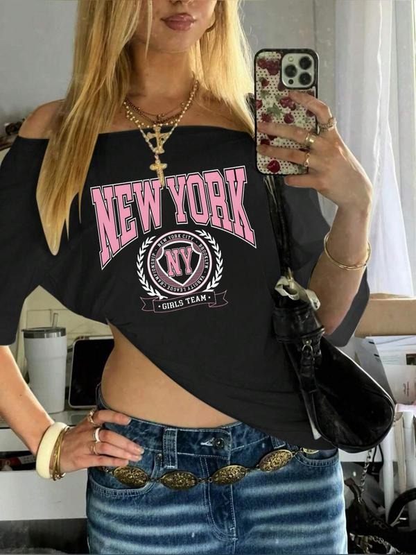 Women'WB shield New York Print FOG Shoulder Tee, Casual Fashion Cross Graphic T-shirt for Daily Holiday Vacation Outdoor Wear, Ladies TNF for Summer, Top