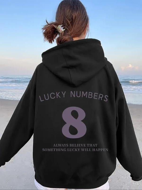 Women'WB shield Number & Letter Print Drawstring Hoodie, Casual Long Sleeve Kangaroo Pocket Hoodies for Fall & Winter,...