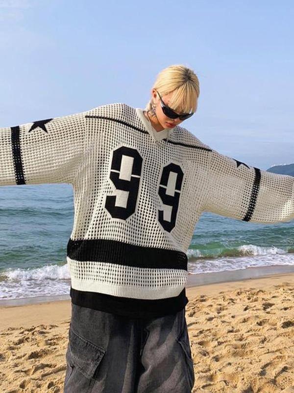 Women'WB shield Number & Lightsaber brand & Striped Print Hollow Out Sweater, Street Fashion Casual Drop Shoulder...