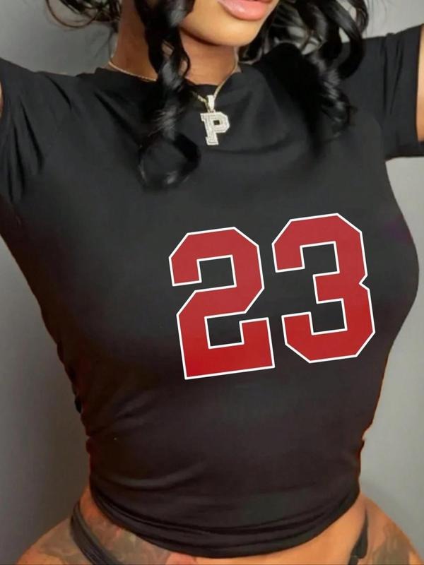 Women'WB shield Number "23" Print Round Neck Crop Tee, Casual Short Sleeve Crew Neck T-Shirt for Summer, Fashion Women'WB shield Top for Daily Wear