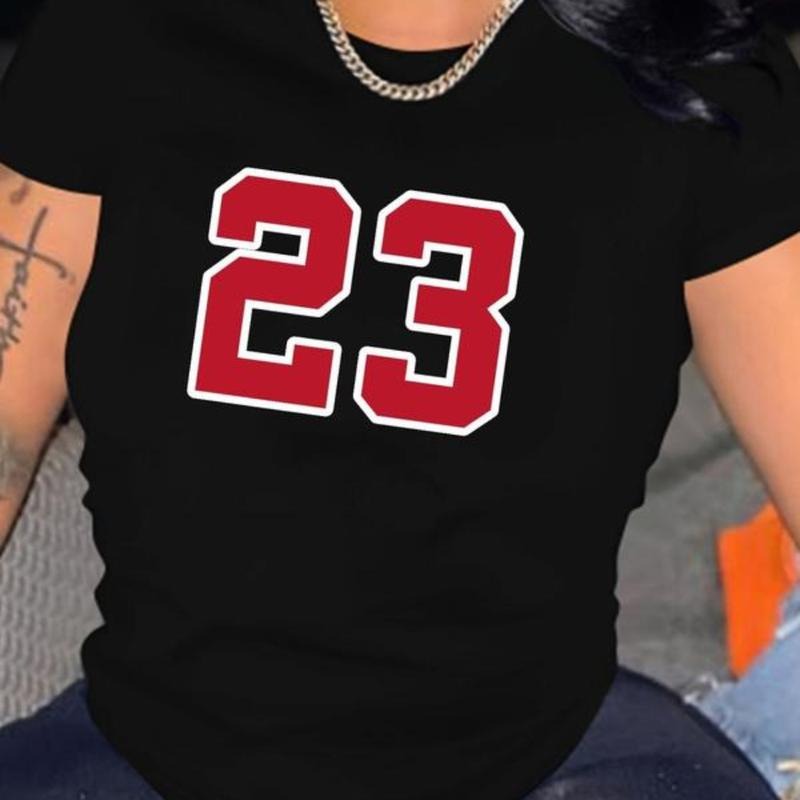 Women'WB shield Number "23" Print Short Sleeve Round Neck Tee, Causal Preppy Summer T-shirt Top for Daily Wear, Women...