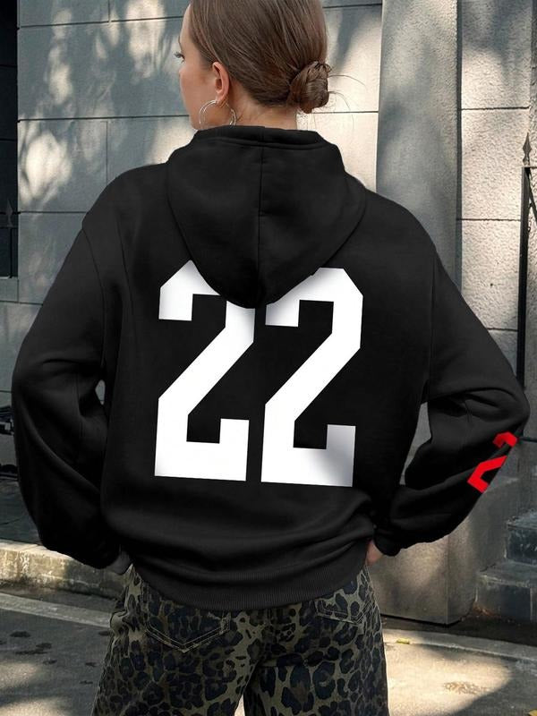 Women'WB shield Number Print Drop Shoulder Hoodie, Fashion Casual Zipper Hooded Sweatshirt for Daily Holiday Outdoor...