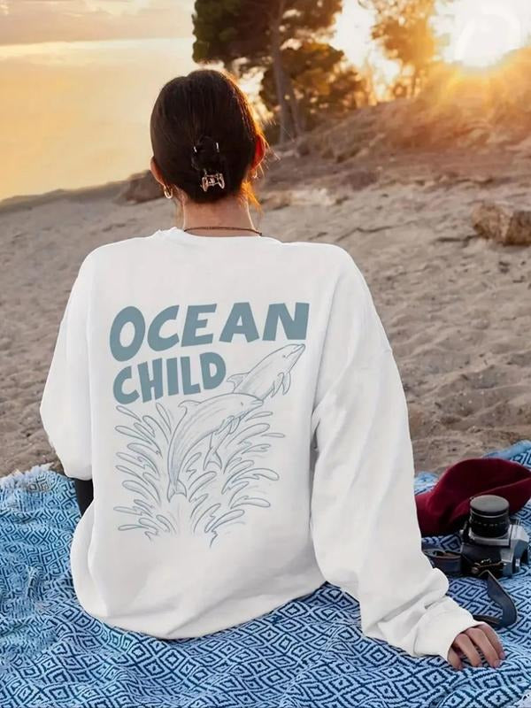 Women'WB shield Ocean Child Print Drop Shoulder Sweatshirt, Casual Letter Graphic Long Sleeve Round Neck Pullover for...
