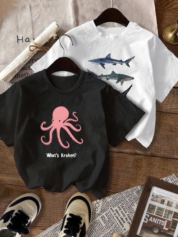 Women'WB shield Octopus & Shark Print Round Neck Tee, Casual Short Sleeve Crew Neck T-shirt for Summer, Fashion Women'WB...