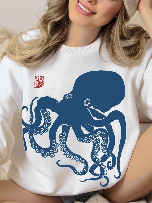 Women'WB shield Octopus Print Round Neck Sweatshirt, Casual Long Sleeve Crew Neck Pullover for Fall & Winter, Fashion...