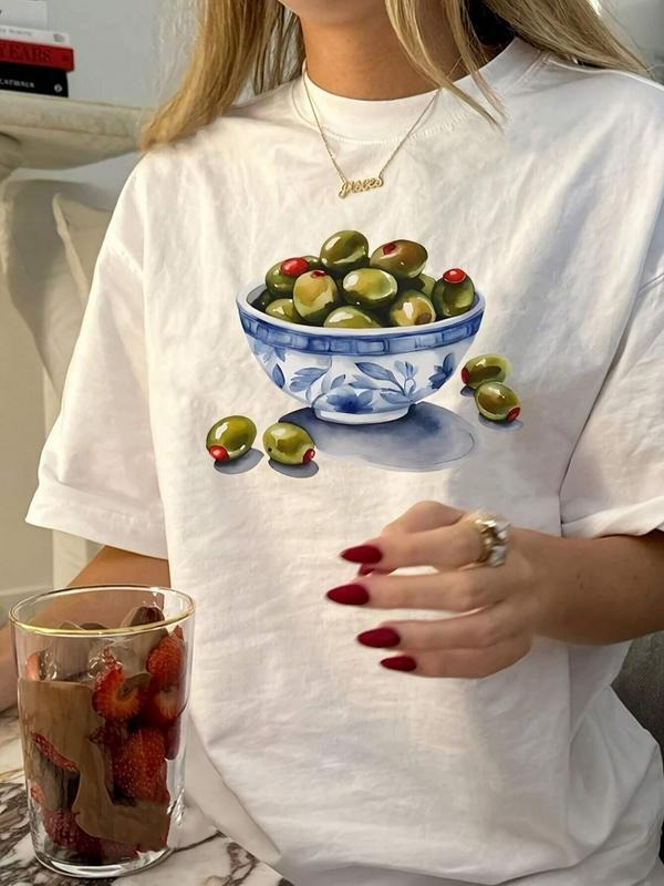 Women'WB shield Olive & Grape Print Round Neck Tee, Casual Short Sleeve Crew Neck T-Shirt for Summer, Fashion Women'WB...