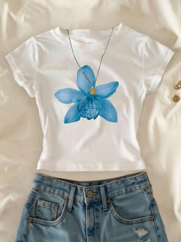 Women'WB shield Orchid Print Round Neck Crop Tee, Casual Short Sleeve Crew Neck T-shirt for Summer, Fashion Women'WB...