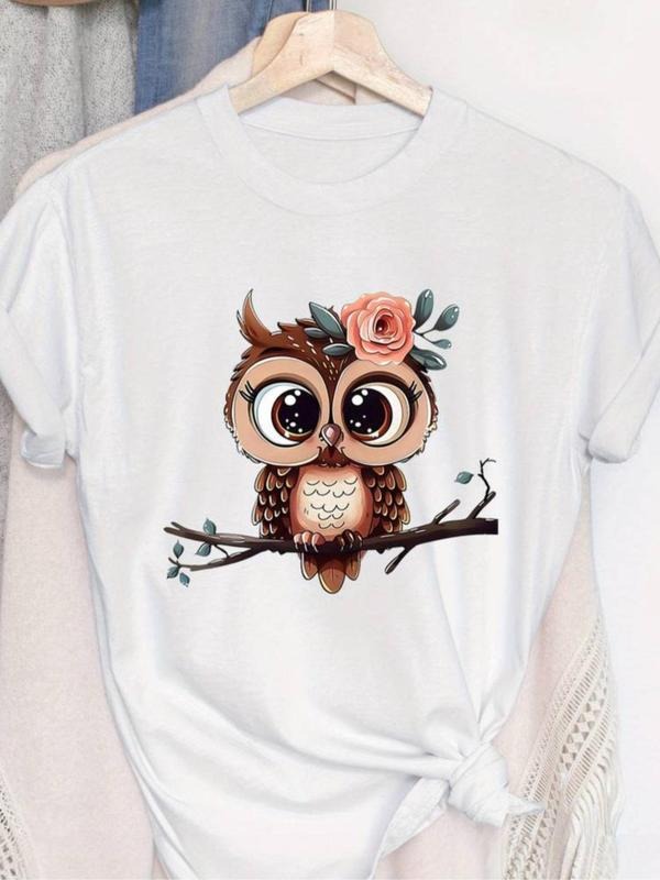 Women'WB shield Owl Print Round Neck Tee, Cute Short Sleeve Crew Neck T-shirt for Summer, Fashion Casual Women'WB shield...