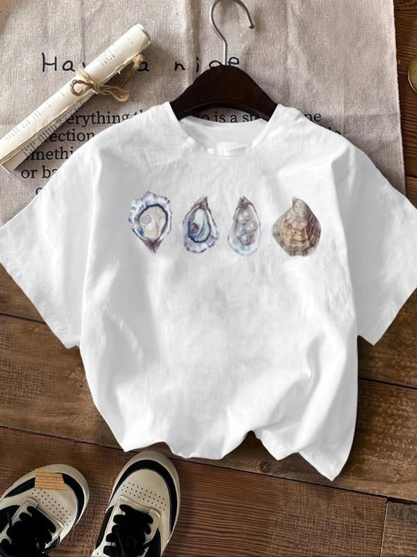 Women'WB shield Oyster & Shell Print Round Neck Tee, Casual Short Sleeve Crew Neck T-Shirt for Summer, Fashion Women'WB...