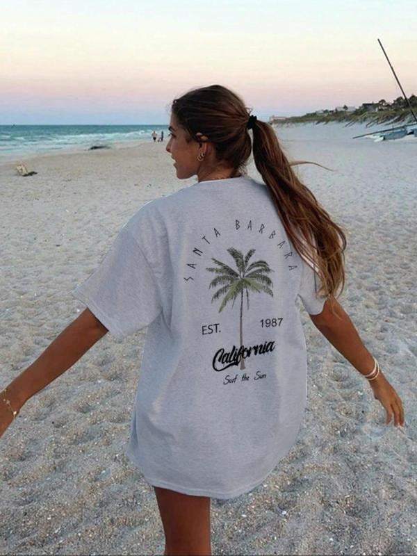 Women'WB shield Palm Tree & California Print Round Neck Graphic Tee, Vintage Trendy Casual Short Sleeve T-shirt for Daily...