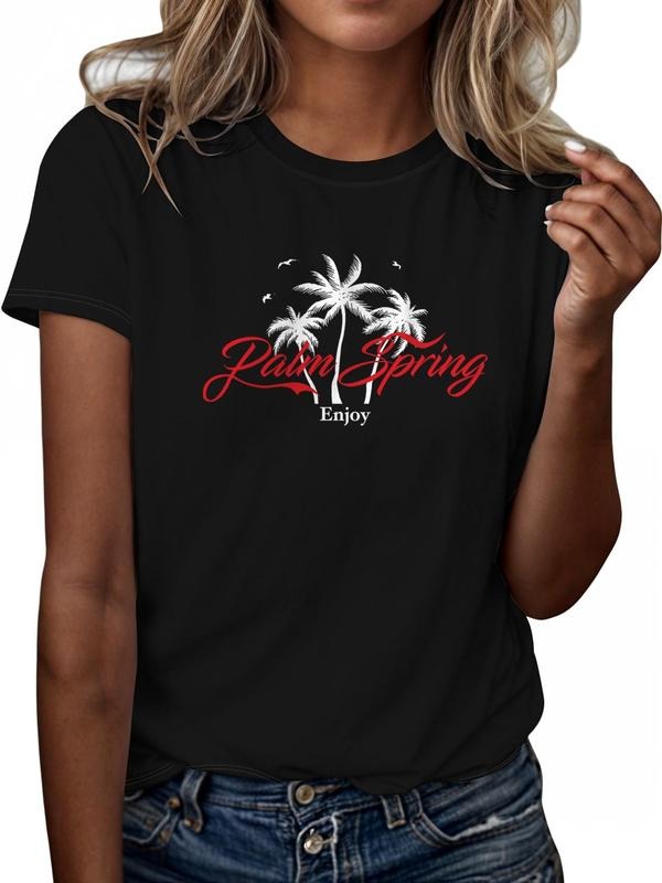 Women'WB shield Palm Tree Graphic Print Round Neck Tee, Fashion Casual Short Sleeve T-shirt, Ladies Summer TNF for Daily...