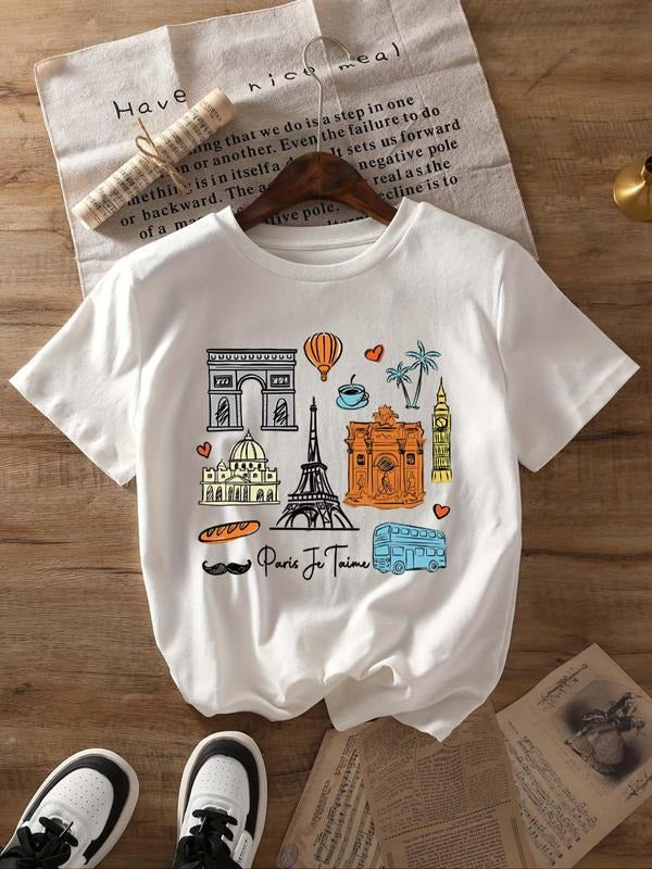 Women'WB shield Paris & Letter Print Round Neck Tee, Casual Short Sleeve Crew Neck T-Shirt for Summer, Fashion Women'WB...