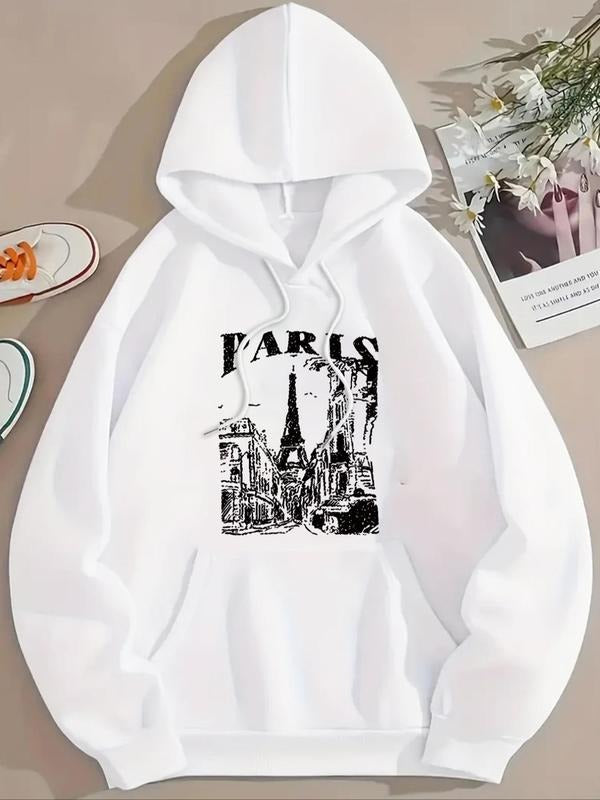 Women'WB shield Paris City Print Drawstring Pocket Hoodie, Casual Drop Shoulder Long Sleeve Hooded Sweatshirt, Ladies...
