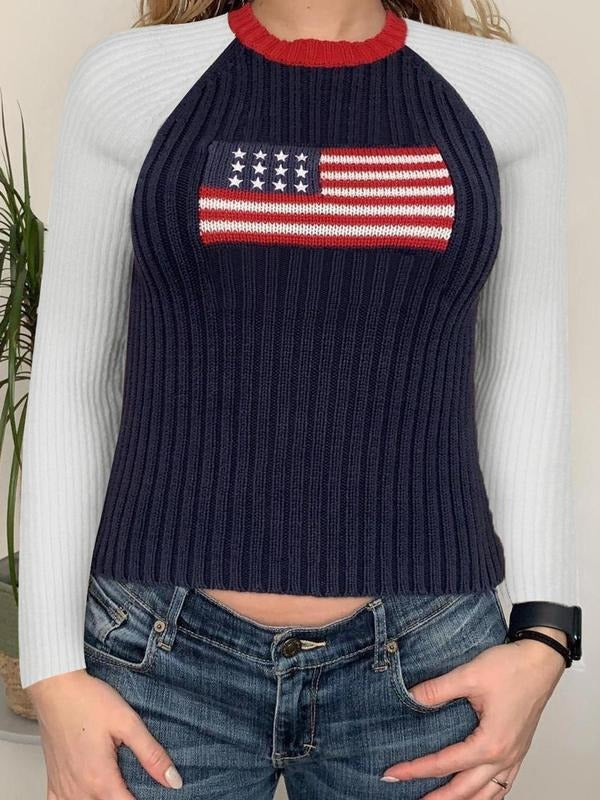 Women'WB shield Patchwork American Flag Print Raglan Sleeve Sweater, Casual Long Sleeve Round Neck Jumper for Fall &...