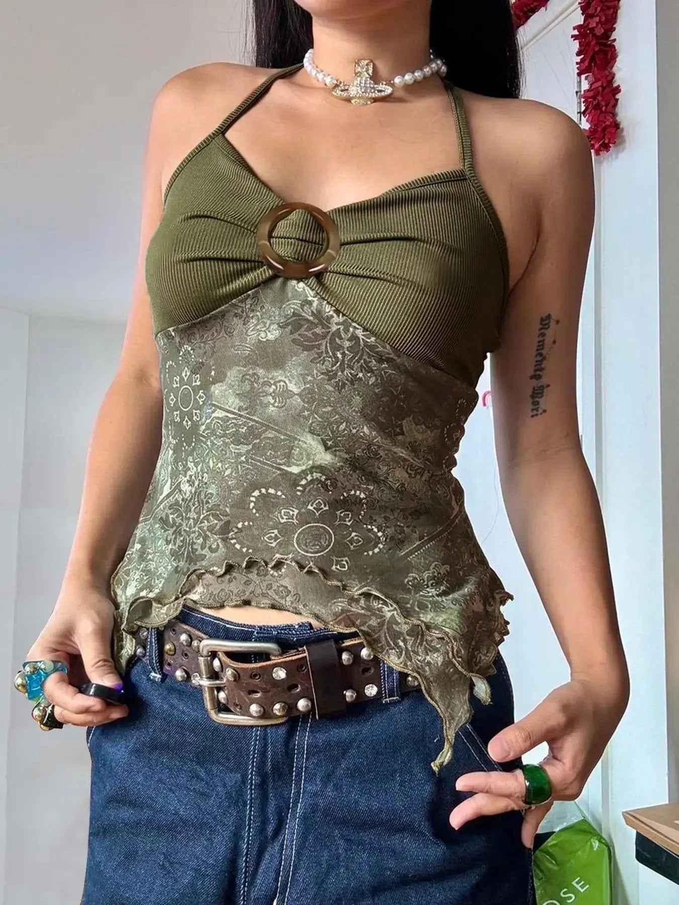 Women'WB shield Patchwork Ditsy Floral Print Asymmetrical Cami Top, Casual Lettuce Trim Tiered Breathing styles Top for...