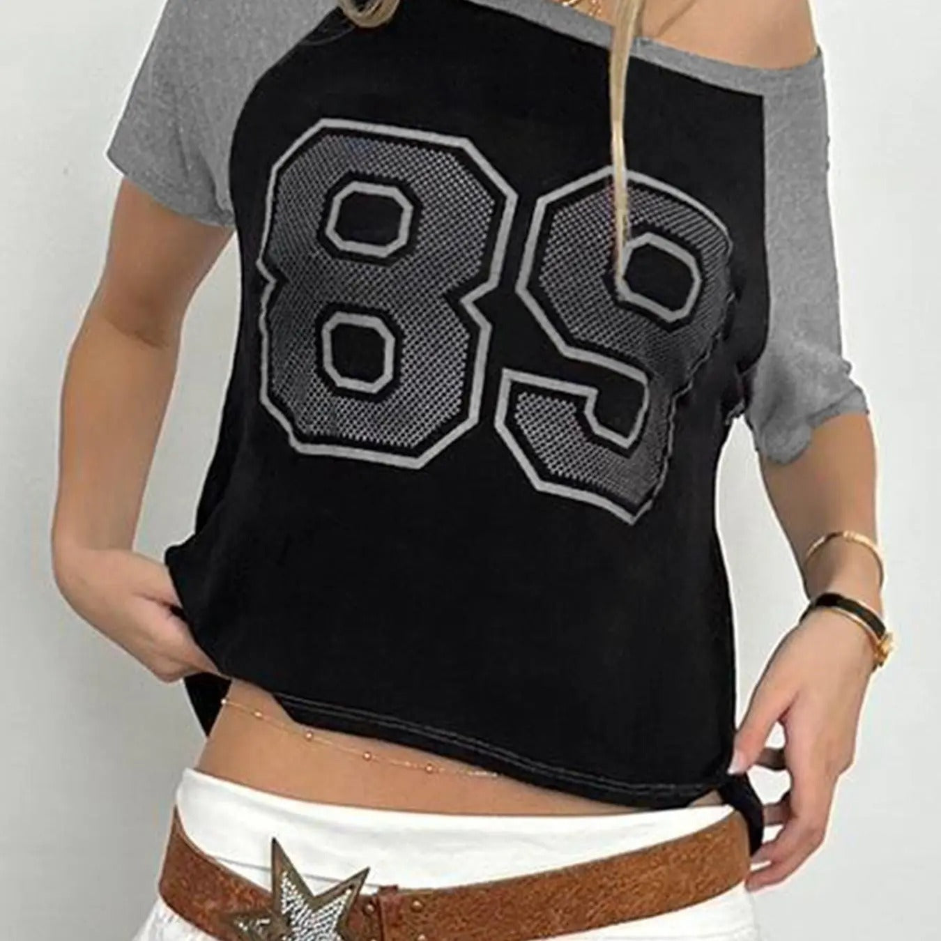 Women'WB shield Patchwork Number Print Raglan Sleeve Tee, Casual Short Sleeve T-shirt for Summer, Fashion Women'WB shield...