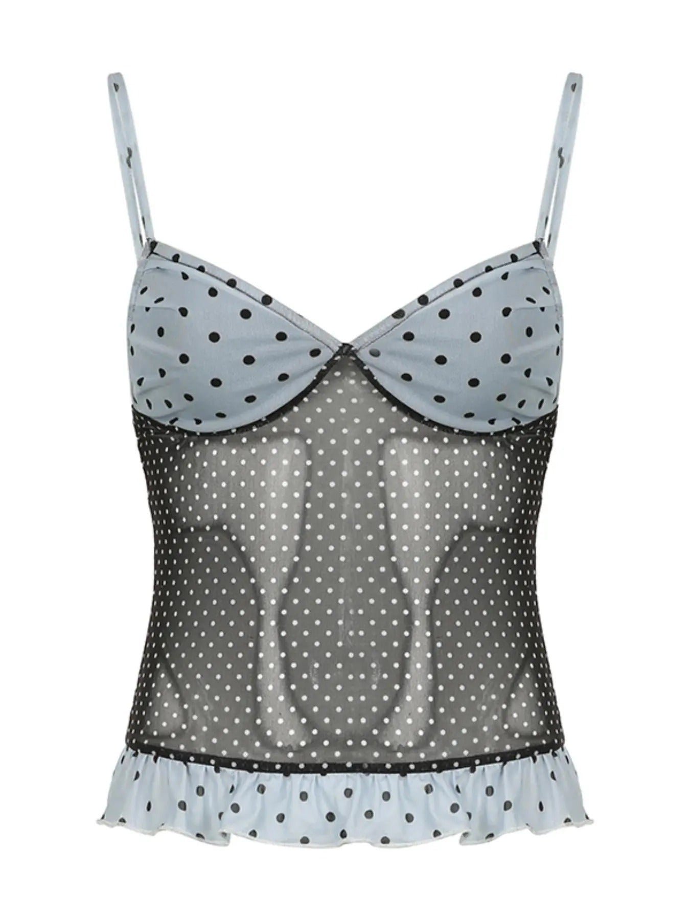 Women'WB shield Patchwork Polka Dot Print Ruched Sheer Cami Top, Adjustable Strap Ruffle Hem Top for Summer, Fashion...