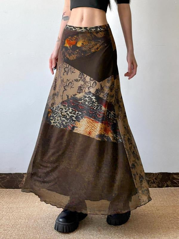 Women'WB shield Patchwork Print Skirt, Y2K Long Skirt for Party Holiday Vacation, Ladies Bottoms for Spiky hair fighters...