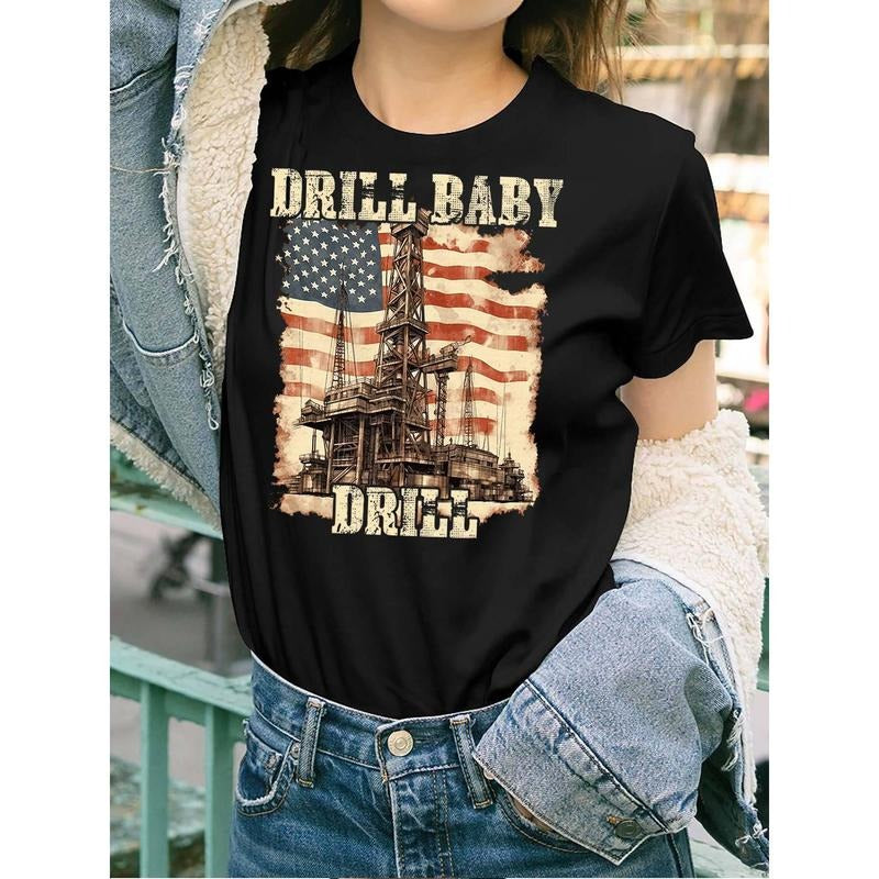 Women'WB shield Patriotic "Drill Drill" American Flag & Oil Derrick Graphic T-Shirt - Casual Short Sleeve Black Tee,...