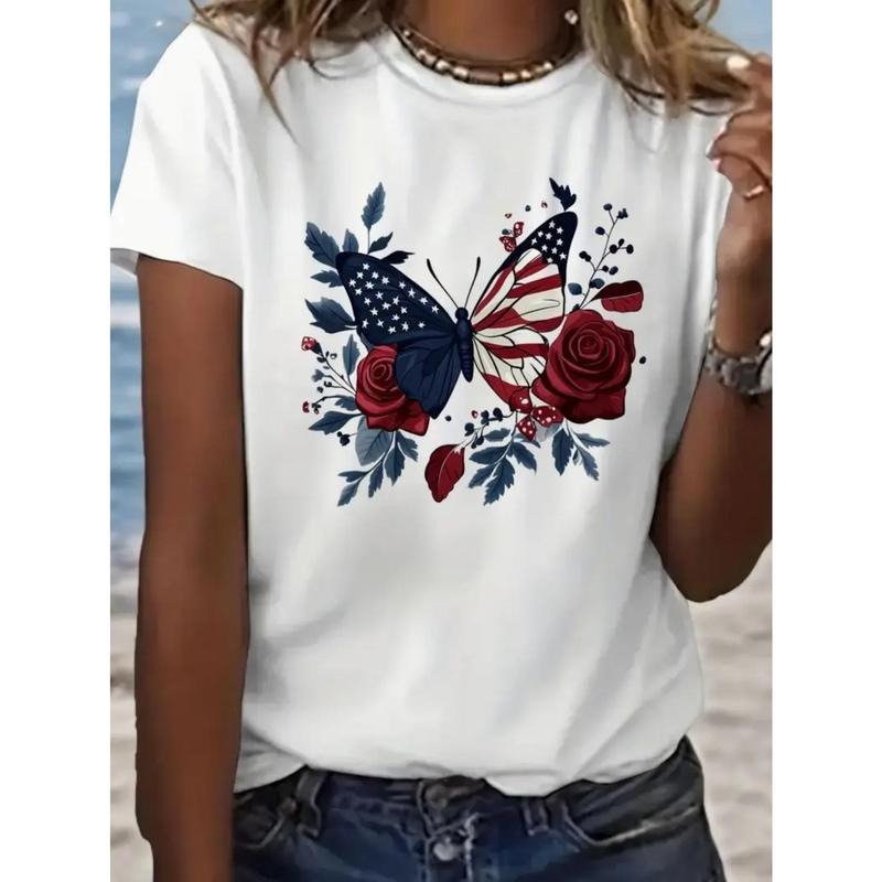 Women'WB shield Patriotic American Flag Butterfly & Roses Print Cotton T-Shirt