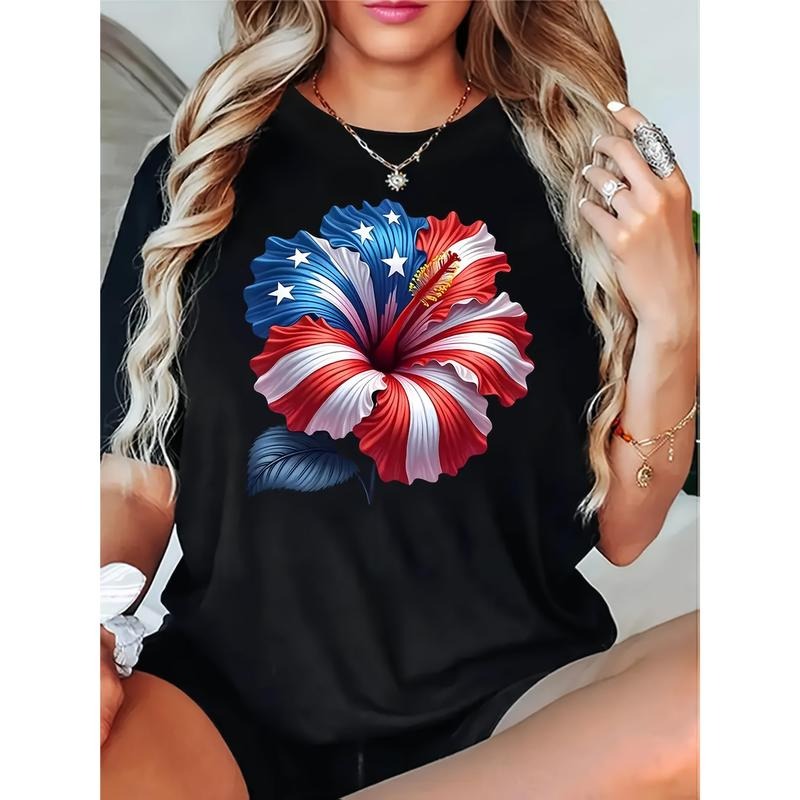 Women'WB shield Patriotic Floral Flag Print T-Shirt, Casual Short Sleeve Summer Top, Comfortable Blend, Machine Washable...