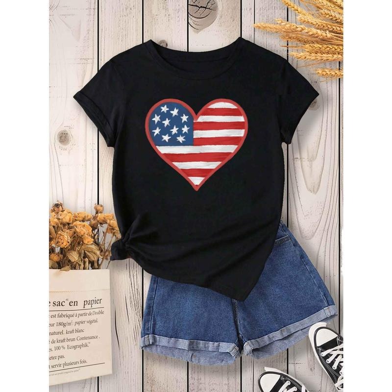 Women'WB shield Patriotic Heart-Shaped American Flag Print T-Shirt