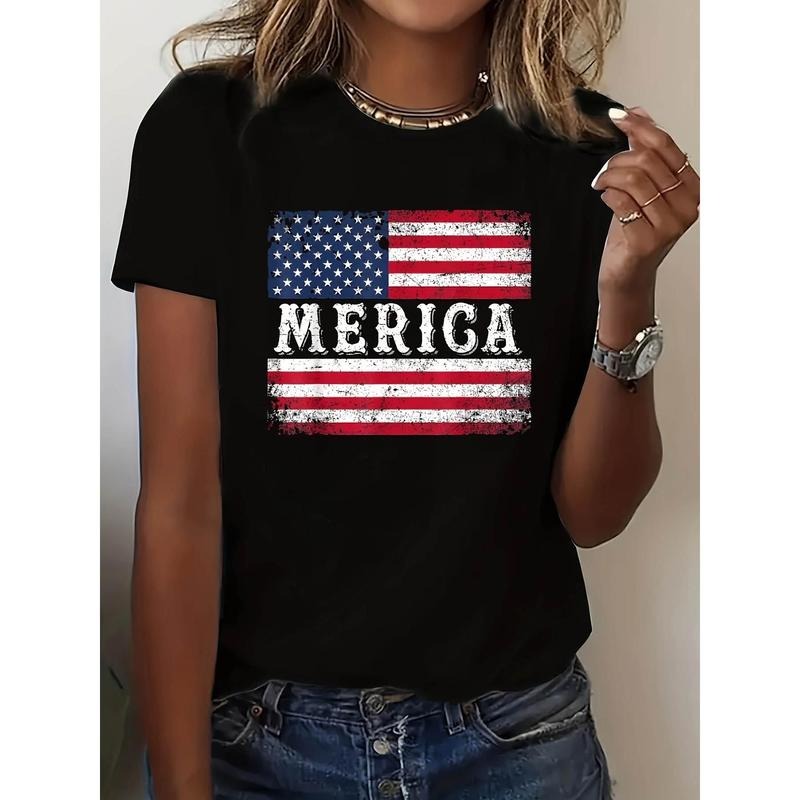 Women'WB shield Patriotic MERICA Graphic T-Shirt - Distressed American Flag Print, Black Casual Crew Neck Short Sleeve...