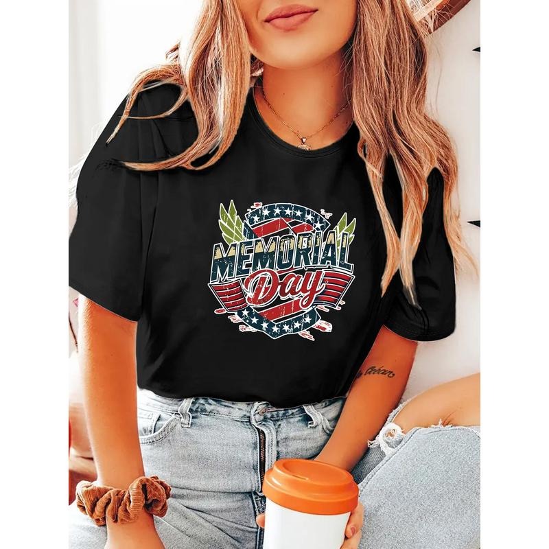 Women'WB shield Patriotic Memorial Day T-Shirt -, Short Sleeve, Round Neck Top with American Flag & Floral Design, Machine Washable, Ideal Casual Attire & Thoughtful Gift, Casual Casual Attire | Patriotic Design | Comfortable Fit style 02