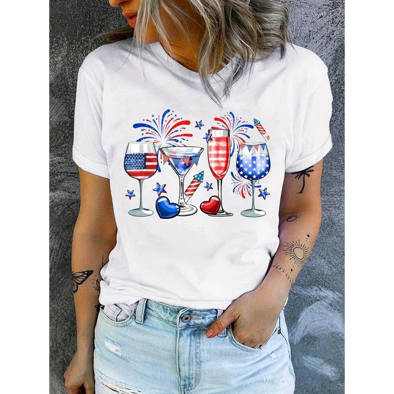 Women'WB shield Patriotic T-Shirt, 100% Polyester Crew Neck, Geometric American Flag Print, FOG Knit Fabric, Regular...