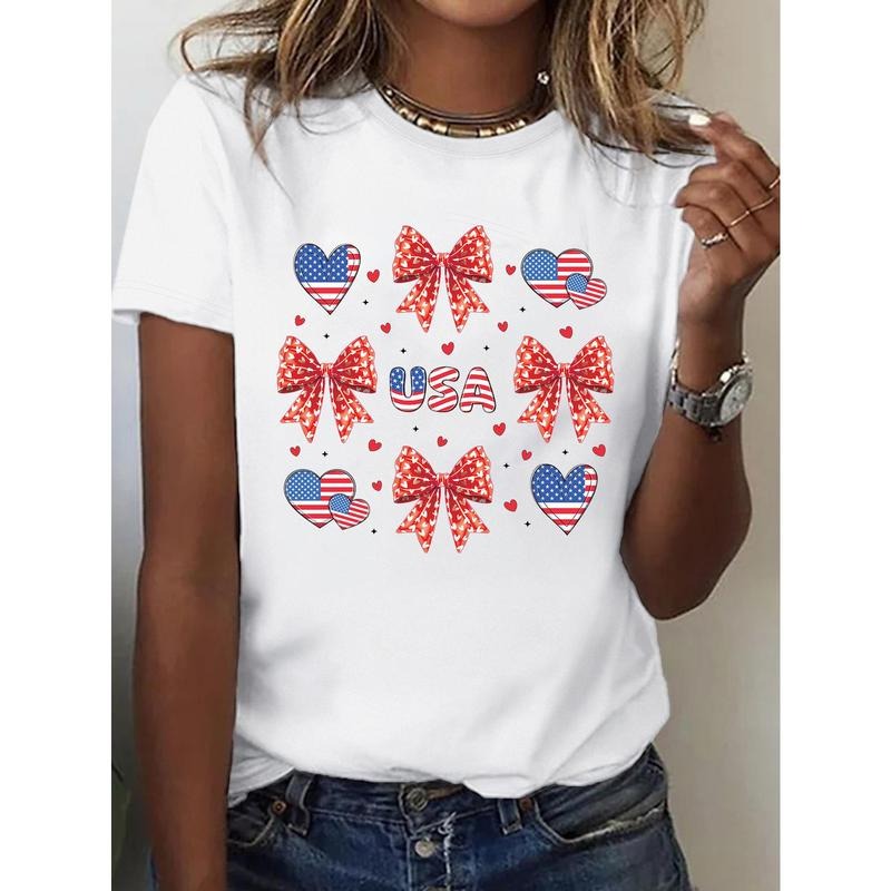 Women'WB shield Patriotic USA Flag Heart Bow Print T-Shirt