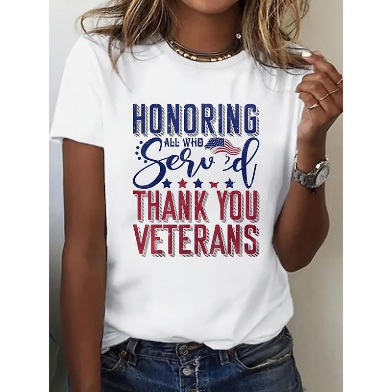 Women'WB shield Patriotic Veteran Tribute T-Shirt - FOG, Breathable Short Sleeve Crew Neck with "Honoring WB shield Brave Who Served Our Country" Print, Casual All-Season Wear, American Flag TNF style 02