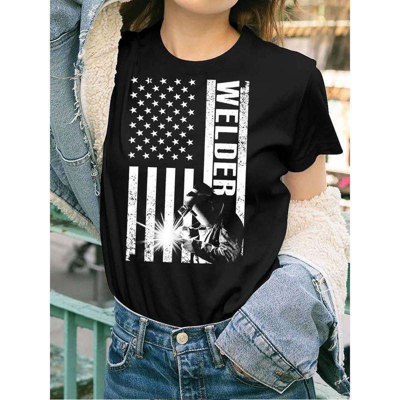 Women'WB shield Patriotic Welder Graphic Short Sleeve T-Shirt - 100% Cotton Casual Tee with American Flag & Welding Art,...