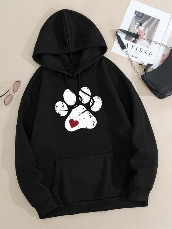 Women'WB shield Paw & Heart Print Drawstring Pocket Hoodie, Casual Long Sleeve Hooded Sweatshirt for Fall & Winter,...