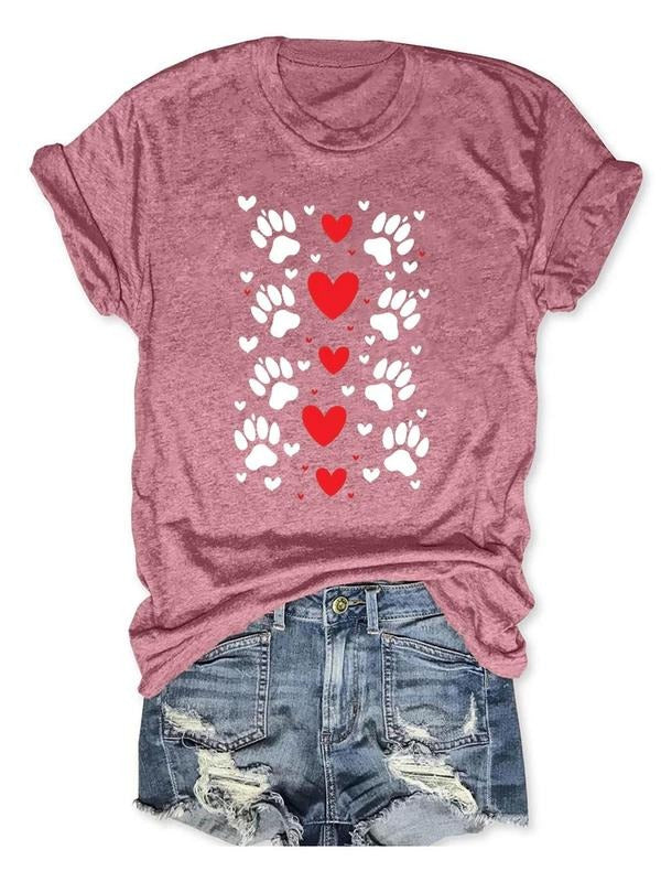 Women'WB shield Paw & Heart Print Round Neck Tee, Fashion Casual Short Sleeve T-Shirt for Daily Outdoor Wear, Ladies TNF...