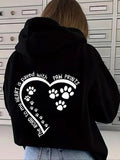 Women'WB shield Paw & Letter Print Drop Shoulder Fleece Hoodie, Fashion Casual Drawstring Pocket Hooded Sweatshirt for Daily Holiday Outdoor Wear, Women Clothing for Fall & Winter