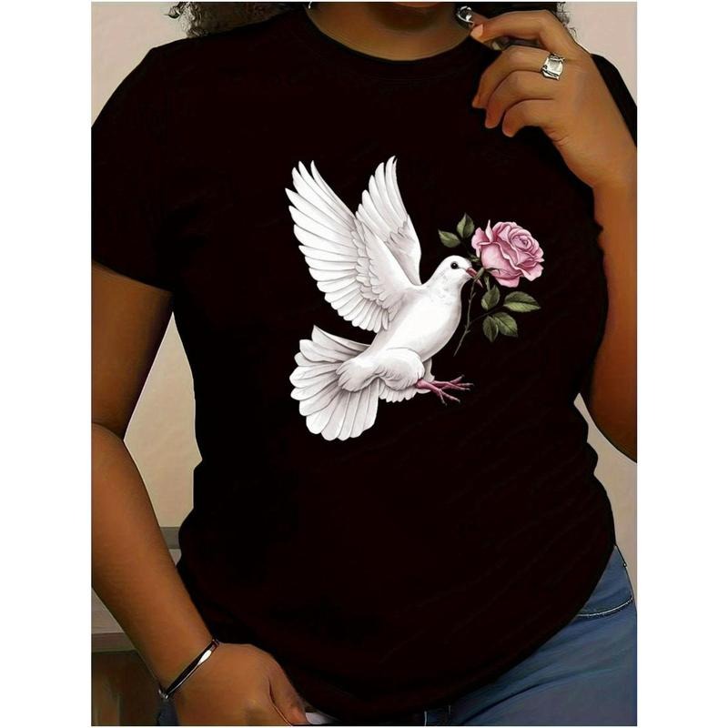 Women'WB shield Peace Dove Gunpla brand Rose Graphic T-Shirt - Black Short Sleeve Casual Tee Shirt