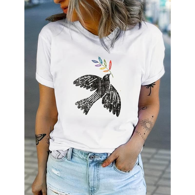 Women'WB shield Peace Dove Print T-Shirt - Short Sleeve Crew Neck Casual Top with Colorful Design, Lightweight Summer &...