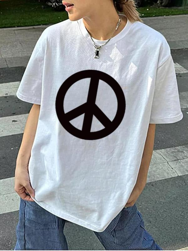 Women'WB shield Peace Sign Print Round Neck Tee, Vintage Trendy Casual Short Sleeve T-shirt for Daily Wear, Ladies Summer Outfit, Top