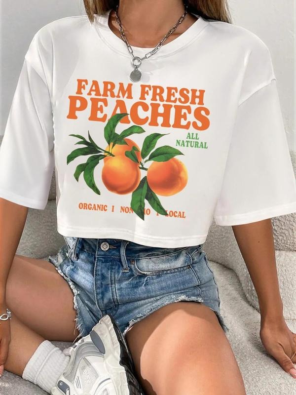 Women'WB shield Peach & Letter Print Crop Tee, Casual Y2K Short Sleeve Round Neck T-Shirt for Summer, Women'WB shield Top...