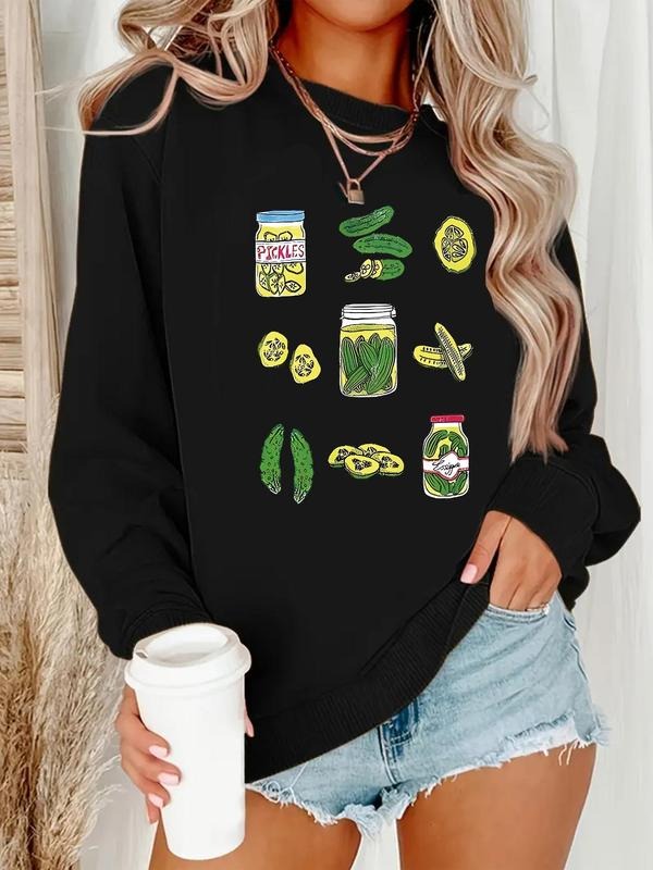 Women'WB shield Pickle Jar & Cucumber Print Drop Shoulder Sweatshirt, Casual Long Sleeve Round Neck Pullover for Fall &...