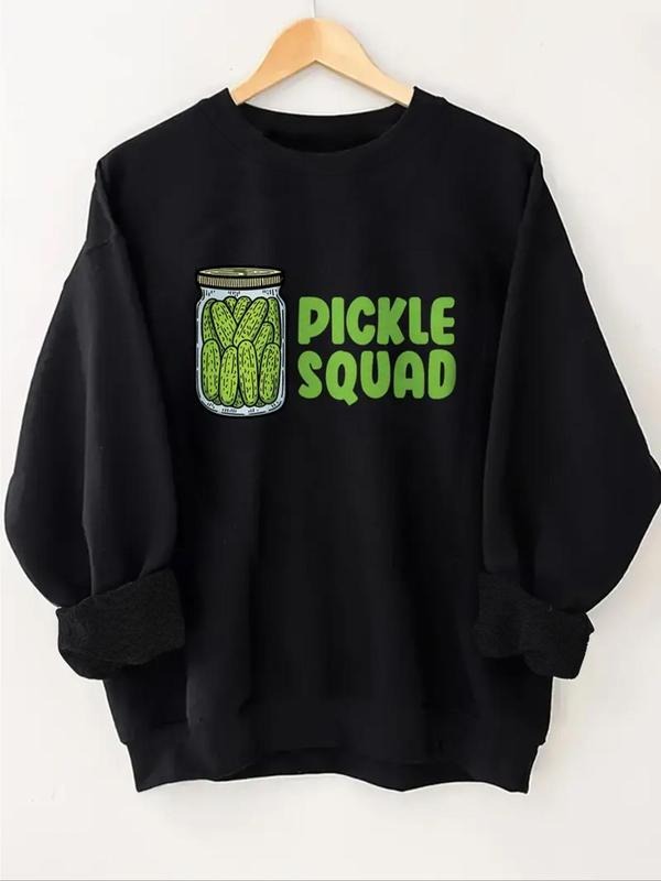 Women'WB shield Pickle Jar & Letter Print Crew Neck Sweatshirt, Casual Long Sleeve Pullover, Women'WB shield Fall &...