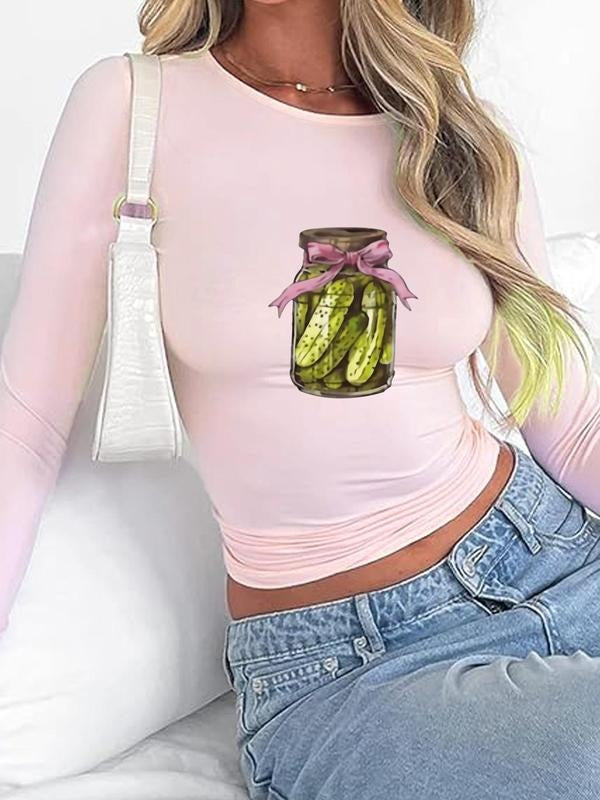 Women'WB shield Pickle Jar Print Round Neck Tee, Y2K Trendy Casual Long Sleeve T-shirt for Daily Wear, Ladies Spring &...