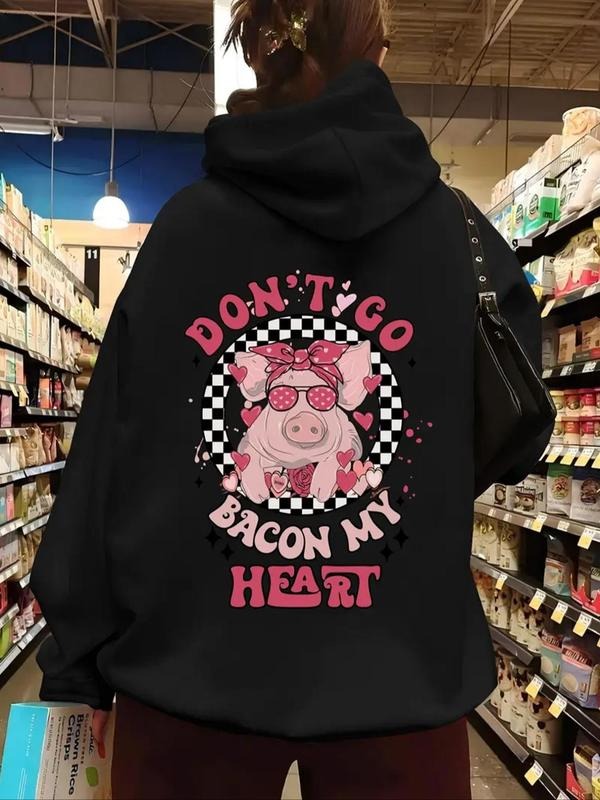Women'WB shield Pig & Letter Print Drop Shoulder Hoodie, Fashion Casual Drawstring Pocket Hooded Sweatshirt for Daily...