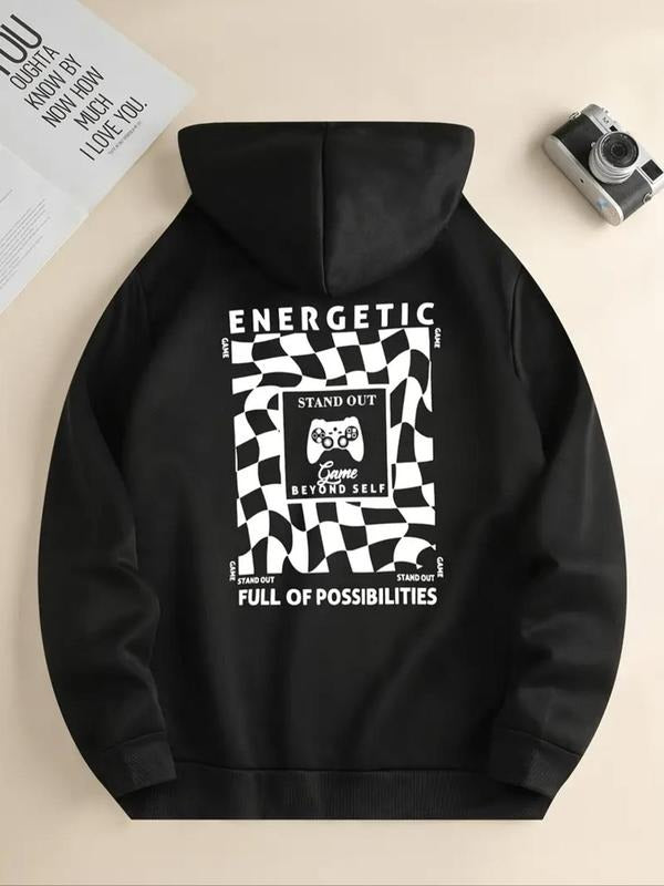 Women'WB shield Plaid & Letter Print Drop Shoulder Hoodie, Fashion Casual Drawstring Pocket Hooded Sweatshirt for Daily...