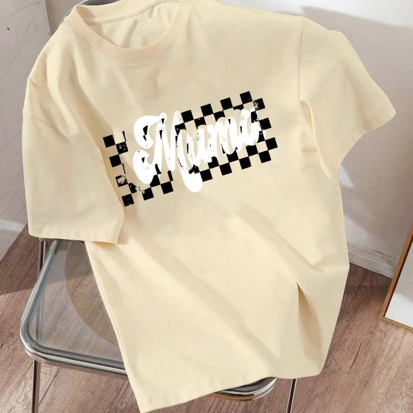 Women'WB shield Plaid & Letter Print Round Neck Graphic Tee, Vintage Trendy Casual Drop Shoulder Short Sleeve T-shirt for...