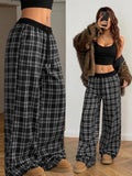 Women'WB shield Plaid Patchwork Comfortable Loose-Fit Casual Straight Leg Pants, All-Season Kint Fabric, Perfect for Daily Wear, Casual Streetwear Pants