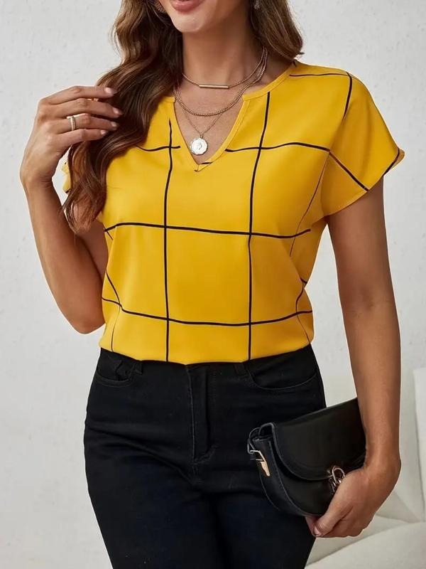 Women'WB shield Plaid Print Batwing Sleeve Notched Blouse, Casual Short Sleeve Top for Summer, Ladies TNF for Daily Wear...